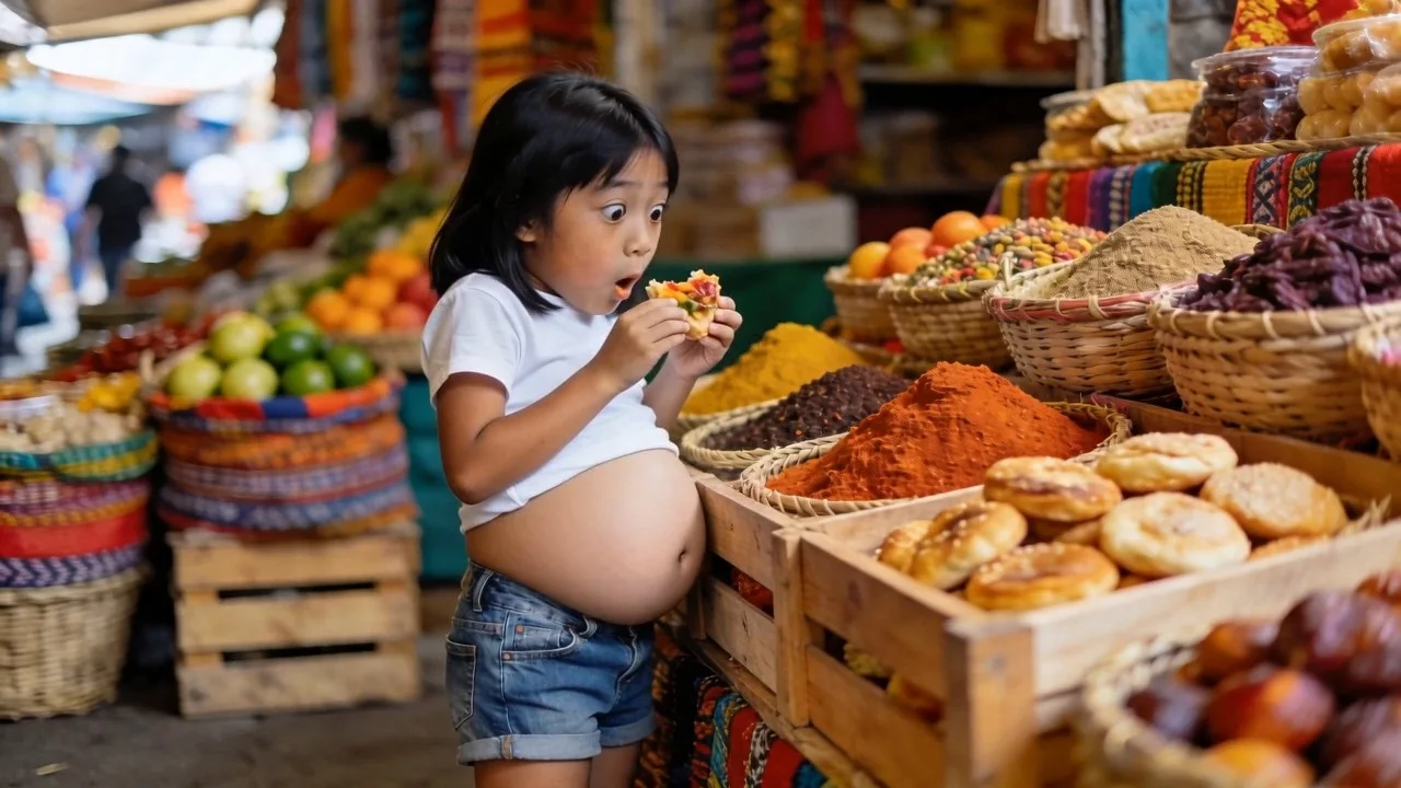 一个非常可爱的亚洲女孩站在一个色彩斑斓的食品市场摊位，充满好奇地大口咬了一口异国食物——她的肚子立刻开始在她的白色T恤下变得更大更圆，每咀嚼一次就变得滑稽地大。她睁大眼睛不敢相信地低头看着自己巨大的圆肚子，用双手拍了拍，然后咯咯笑了起来。繁忙市场的环境声音，香料颜色跳跃，滑稽的弹跳声。摄像机静止。720p，电影质量，无文字覆盖，无水印。