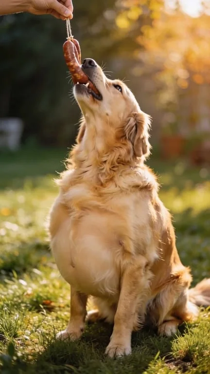 一只真正的金毛猎犬急切地吞下所有悬在它上方的香肠——它的肚子随着每次吞咽变得越来越大、越来越圆，滑稽地膨胀，直到看起来像一只长着腿的蓬松金色气球。狗狗低头看着自己巨大的肚子，表情傻乎乎的，尾巴摇摆。温暖的下午阳光，搞笑的吞咽声和弹跳声。相机静止。720p，电影级质量，无文字覆盖，无水印。