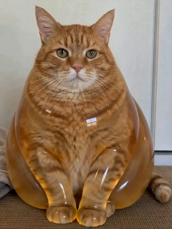 应用抖动效果关键帧：整个胖猫的身体在抖动峰值位移时被捕捉到——整个圆润蓬松的形态像被轻轻按压的软布丁一样弹性挤压并向外扩展，脸颊和肚子在最大弹性变形下鼓起，头部随着动作倾斜。背景墙和地毯保持不变。一个冻结的抖动关键帧。