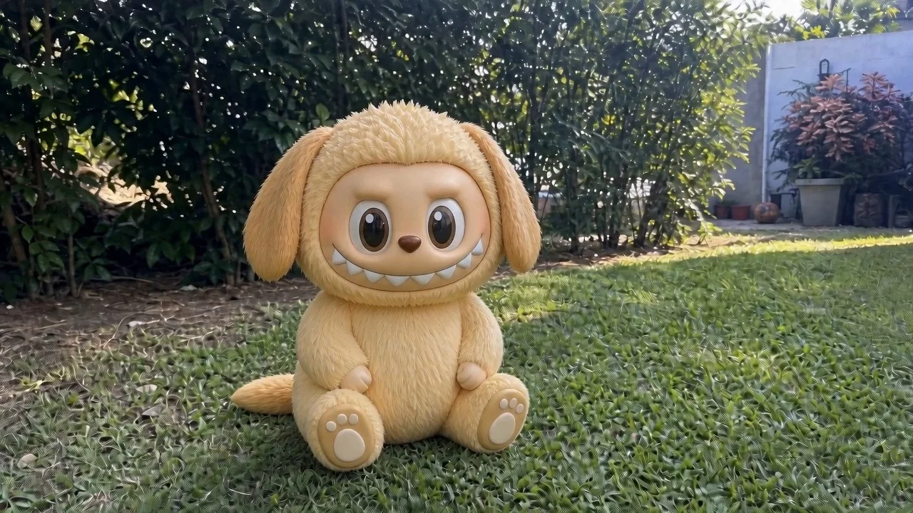 一只金色的拉布拉多犬快乐地坐在花园的草坪上——然后阳光闪烁，它变成了一只金色毛发、垂耳的拉布布，坐在同样郁郁葱葱的绿色花园中。