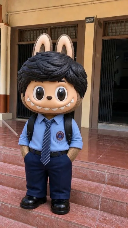一名穿着蓝色校服的学生站在学校入口处——然后一阵闪光将他变成了一个黑发的Labubu，穿着同样整洁的校服和领带，站在同一个学校门口。
