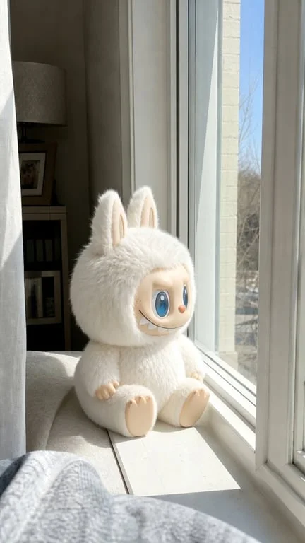 一只蓝眼睛的白色绒毛猫坐在阳光明媚的窗台上——闪烁的日光旋转，它变成了一只全白的Labubu，拥有同样引人注目的蓝眼睛，坐在同一个明亮的窗台角落。