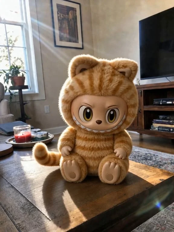 一只毛茸茸的橙色虎斑猫坐在客厅的咖啡桌上——然后神奇的火花旋转，它变成了一只胖胖的橙色条纹Labubu，拥有绿黄色的眼睛，坐在同样舒适的家庭场景中。