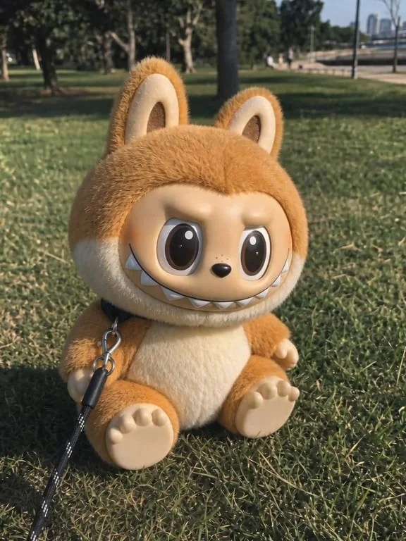 一只快乐的柴犬坐在公园的草地上，带着它的牵引绳 — 然后闪烁的魔法将它变成一只棕色和奶油色的拉布布，竖起的狗耳朵，坐在同样阳光明媚的草地场景中。