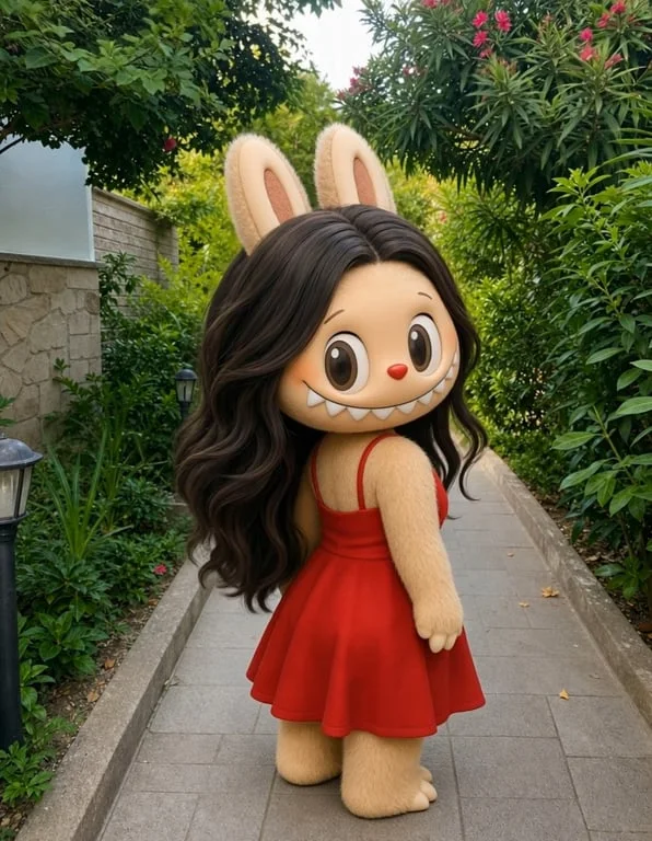 一个穿红色夏装的年轻女子在花园里摆姿势——然后金色的光芒环绕着她，她变成了一个可爱的Labubu，留着长长的深色波浪发，穿着同样的红色连衣裙，依然站在同一条石径上。
