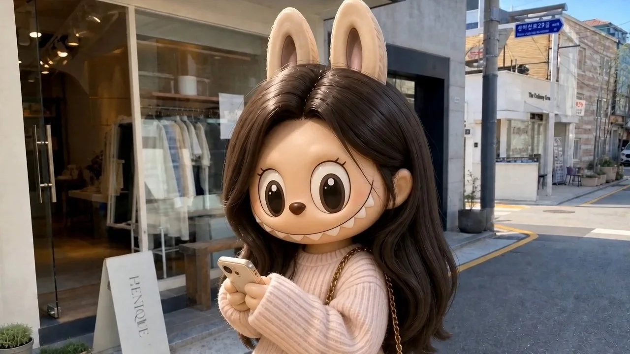 一位穿着粉彩毛衣的韩国女子站在首尔一家美学商店外面——耀眼的光芒环绕着她，她变成了一个长着黑色长发、穿着同样粉色罗纹毛衣的Labubu，仍然在同一条街上拿着手机。