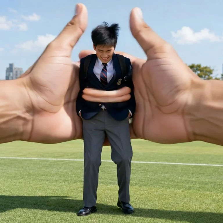 一只手从左边进入,一只手从右边进入——总共正好两只手,巨大,远大于男孩的整个身体,解剖正确的五根手指,自然不透明的皮肤,没有骨骼。两只手从两侧将整个男孩压扁,就像在两只手掌之间挤压一个麻糬玩具。他的整个身体变成超柔软弹性的硅胶麻糬材料,并被戏剧性地压扁——海军蓝色西装外套和微笑的脸被压缩成明显扁平的可爱柔软形状。海军蓝色西装外套的颜色和快乐的微笑在被压扁的形态中依然可见。挤压3次。纯粹的玩具能量。手的动作缓慢而温柔。相机静止,整个身体在画面中。柔软令人满意的压扁ASMR声音。