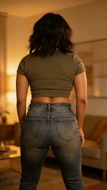She dances rhythmically with her back to the camera. The camera stays fixed at hip level, rear angle. Natural flowing motion.