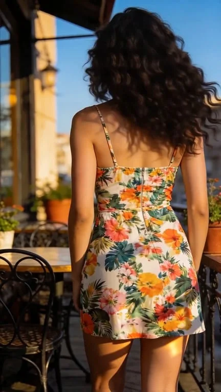 She turns and dances with her back to the camera. Camera held at waist-hip height. Rhythmic motion.