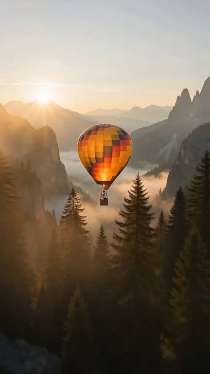 视角从深空开始俯视地球，然后穿过云层冲向山谷，减速以轻柔地匹配热气球篮子的高度，在那里一对情侣凝视着下方的晨雾。相机在半空中与他们相遇。微风轻拂，远处山谷的环境音。720p，电影级画质，无文字覆盖，无水印。